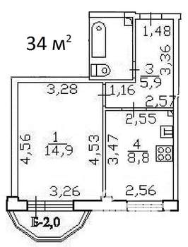 1-к квартира, вторичка, 34м2, 2/4 этаж