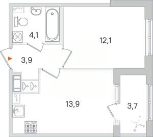 1-к квартира, строящийся дом, 34м2, 3/4 этаж