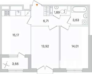 2-к квартира, строящийся дом, 55м2, 3/4 этаж