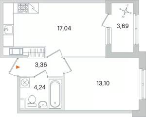 1-к квартира, строящийся дом, 38м2, 2/4 этаж