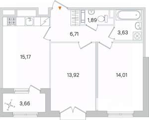 2-к квартира, строящийся дом, 55м2, 3/4 этаж