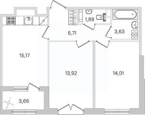 2-к квартира, строящийся дом, 57м2, 2/4 этаж