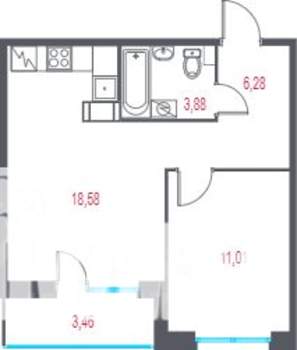 1-к квартира, вторичка, 41м2, 3/5 этаж