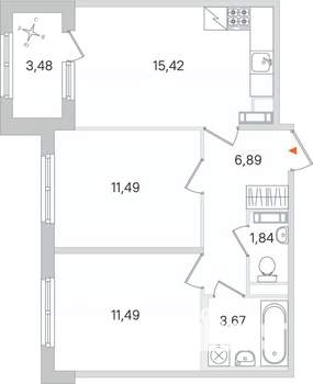 2-к квартира, строящийся дом, 51м2, 2/4 этаж