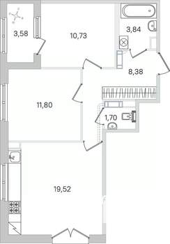 2-к квартира, строящийся дом, 58м2, 3/4 этаж