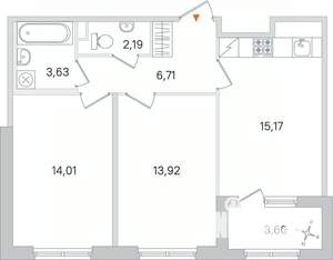 2-к квартира, строящийся дом, 56м2, 1/4 этаж