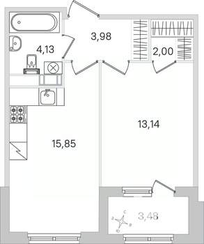 1-к квартира, строящийся дом, 41м2, 2/4 этаж