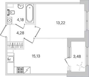1-к квартира, строящийся дом, 39м2, 1/4 этаж