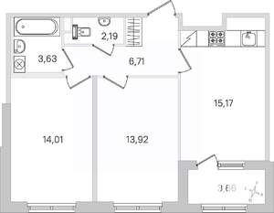 2-к квартира, строящийся дом, 57м2, 1/4 этаж