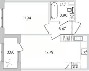 1-к квартира, строящийся дом, 39м2, 3/4 этаж