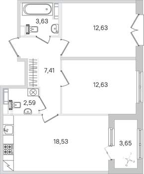 2-к квартира, строящийся дом, 59м2, 3/4 этаж