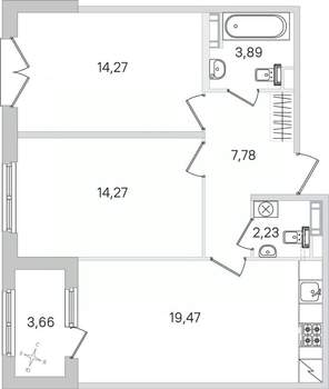 2-к квартира, строящийся дом, 64м2, 3/4 этаж