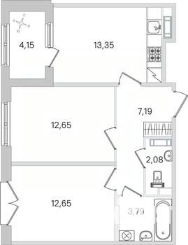 2-к квартира, строящийся дом, 54м2, 2/4 этаж