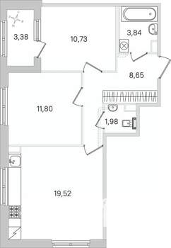 2-к квартира, строящийся дом, 58м2, 1/4 этаж