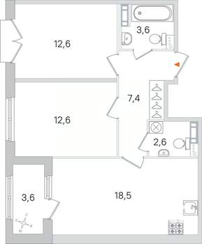 2-к квартира, строящийся дом, 57м2, 4/4 этаж