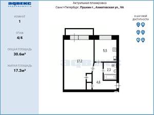 1-к квартира, вторичка, 31м2, 4/4 этаж