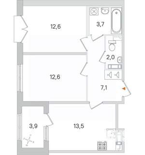 2-к квартира, строящийся дом, 52м2, 2/4 этаж