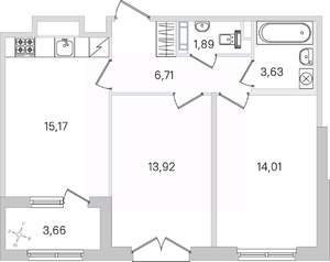 2-к квартира, строящийся дом, 57м2, 2/4 этаж