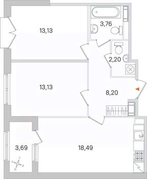 2-к квартира, строящийся дом, 59м2, 2/4 этаж